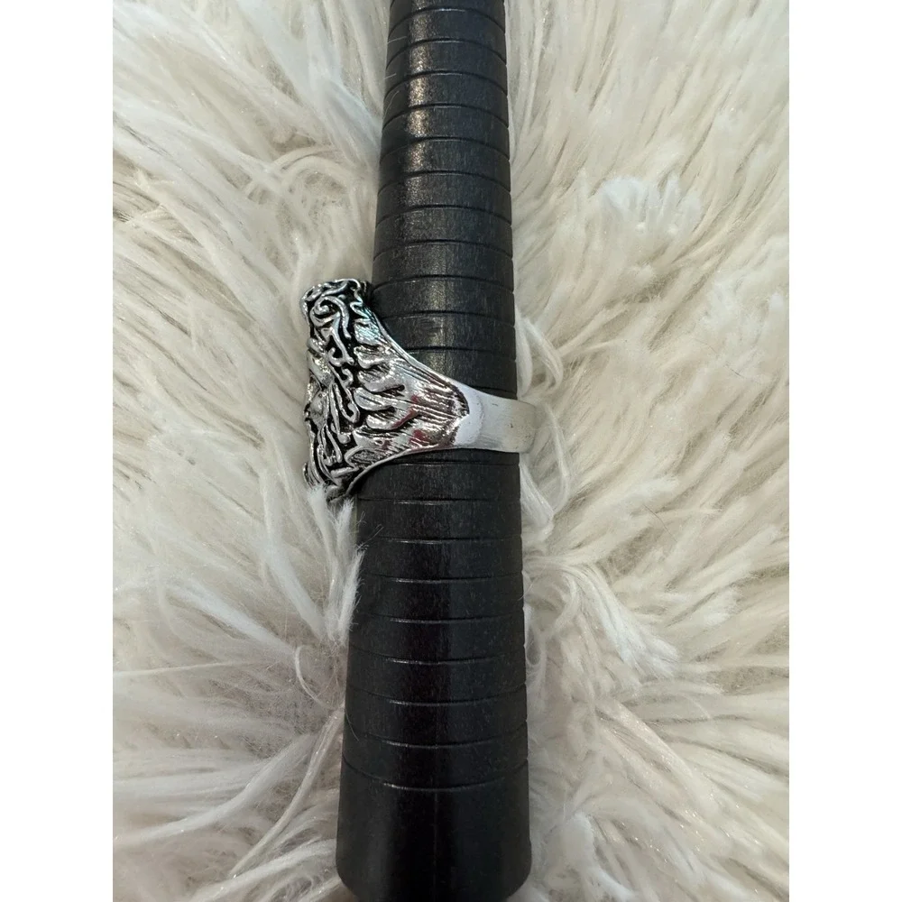 Mythological Face Heavy Statement Ring Silver Tone Biker Gothic Size 11.5-12